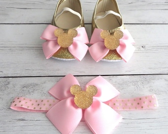 Zapatos de Minnie Mouse rosas y dorados: zapatos para primer cumpleaños, primeros pasos, mocasines, zapatos con brillantina dorada, Minnie Mouse rosa para primer cumpleaños