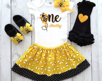 Bumble Bee First Birthday Outfit for girl in yellow and black - first bee-day birthday outfit, bumble bee outfit, bee shoes, 1st bday outfit
