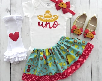 SALE -First Fiesta Birthday Outfit for girl -one year old, taco bout whos one, 1st fiesta birthday party, uno, taco birthday, 1st bday outfi