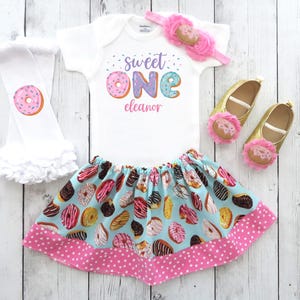 Sweet One Donut First Birthday Outfit for baby girl - donut grow up, donut 1st birthday dress girl, personalized add name, pink blue purple