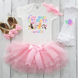 Lets Pawty! Birthday Outfit with Pink Tutu - puppy dog birthday girl, 1st bday party, one year old dress, pastel rainbow, im one lets pawty