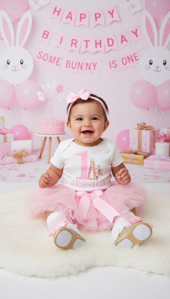 bunny birthday dress Pink First With Tutu -vintage Traditional Bunny, 1st Birthday Outfit Girl, One Year Old Bday Tutu, Peter Rabbit, Flopsy Girl