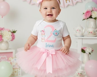 Vestido de cumpleaños para niña de 2 años con tutú - fiesta de té, conjunto de cumpleaños para niña de 2 años, tutú de cumpleaños para bebé de dos años, fiesta en el jardín, tetera