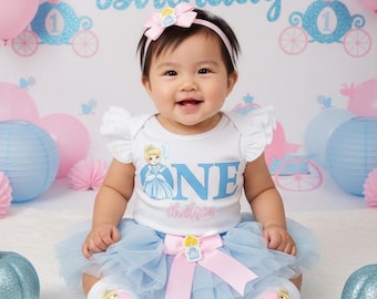 Cinderella First Birthday Dress with Tutu - disney princess, blue and pink bday tutu, 1st birthday outfit girl, cinderella theme girl