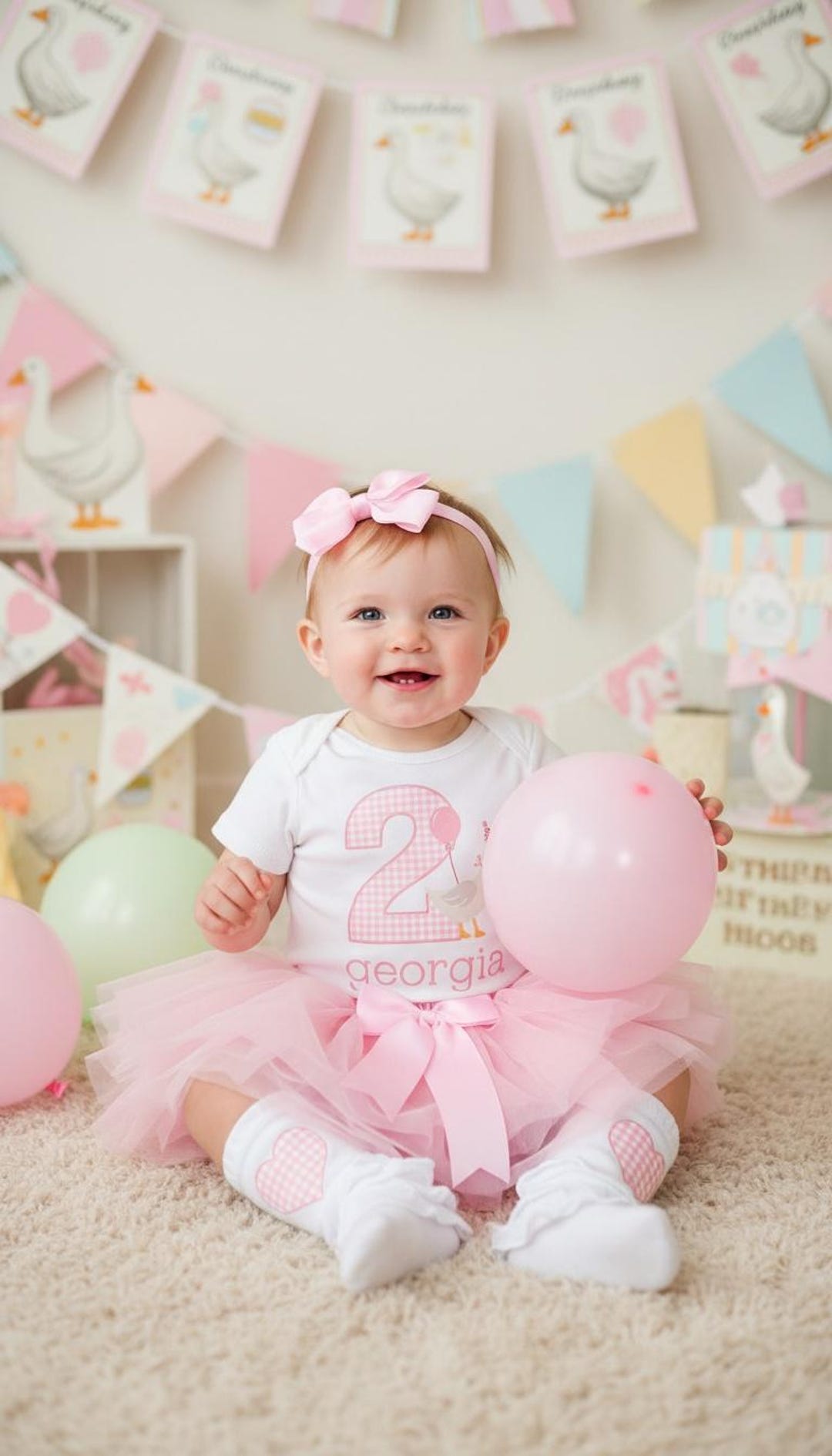 Silly Goose Second Birthday Dress With Tutu - Vintage Pink Gingham Goose, 2nd Birthday Outfit Girl, Two Year Old Baby Birthday Tutu