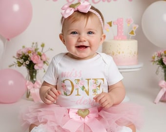Miss ONEderful First Birthday Dress with Tutu - floral pink gold, first birthday outfit girl, one year old baby birthday tutu