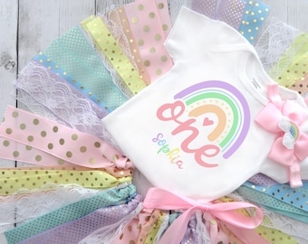 Pastel Rainbow First Birthday Outfit with Ribbon Tutu, Headband and Shoes - 1st birthday dress, pink rainbow, first birthday outfit girl