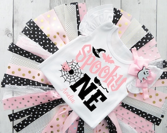 Spooky ONE Birthday Outfit with Fabric Tutu - pink black ghost, girl first birthday tutu, halloween 1st birthday outfit girl, personalized