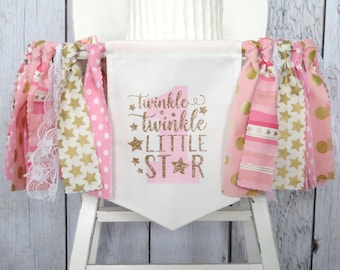 Twinkle Star High Chair Banner for her First Birthday Party - twinkle twinkle little star, one year old birthday, pink and gold star banner