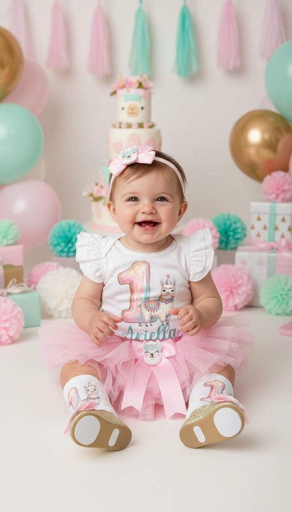 Llama First Birthday Dress With Tutu - Cactus Fiesta, Pink Llama Fun First Birthday Outfit Girl, One Year Old Baby Birthday Tutu