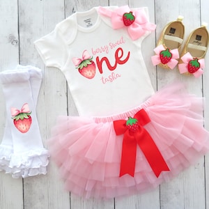 Sweet One Strawberry Birthday Dress with Tutu - berry 1st birthday outfit, berries and bows summer theme, personalized, one year old dress