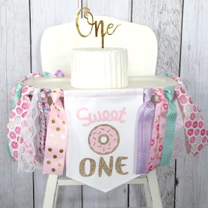 Sweet One Donut High Chair Banner for 1st Birthday - high chair skirt, donut grow up, donut 1st birthday party decor, donut pennant bunting