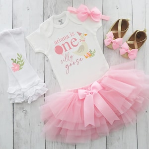Silly Goose First Birthday Dress with Tutu - vintage floral goose, first birthday outfit girl, one year old baby birthday tutu