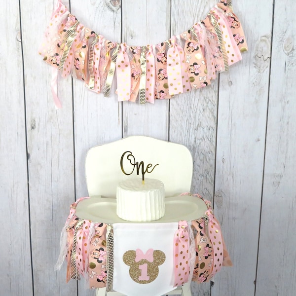 Minnie Mouse Birthday Wall Banner in pink and gold -pink and gold minnie birthday, cake smash photo prop, pink gold minnie high chair banner