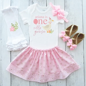 One Silly Goose First Birthday Dress with Pink and Gold Skirt - vintage floral goose, first birthday outfit girl, one year old baby birthday