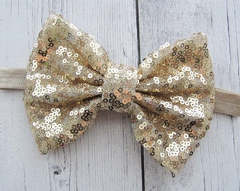 Baby Girl Headband - gold sparkly bow, large bow headband, gold glitter, baby girl bow
