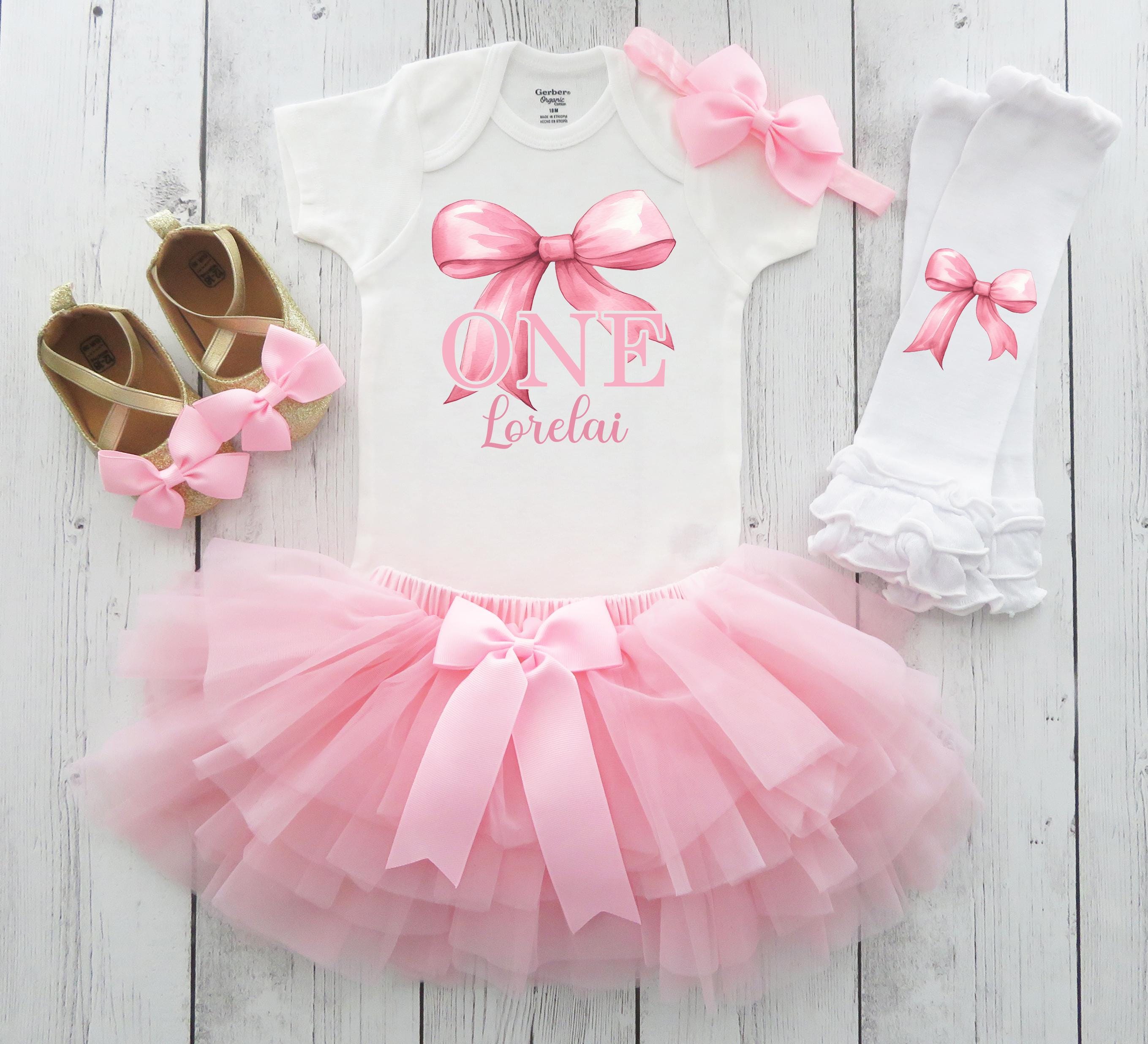 Pink Bow 1st Birthday Dress with Tutu - pink coquette bow, first birthday outfit girl, one year old baby birthday tutu, girls wanna be one