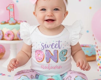 Donut First Birthday Outfit for girl - donut grow up pants, sweet one, matching shoes, cake smash, one year outfit, donut theme party