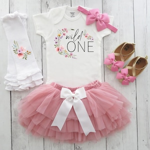 Wildflower Birthday Outfit with tutu and matching shoes - first birthday outfit girl, dusty rose, wild one, boho pink, floral birthday