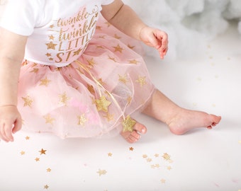 Twinkle Twinkle Little Star First Birthday Outfit with Pink and Gold tutu and Star Shoes - 1st bday outfit girl, pink gold birthday outfit