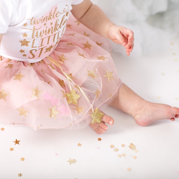 Twinkle Twinkle Little Star First Birthday Outfit with Pink and Gold tutu and Star Shoes - 1st bday outfit girl, pink gold birthday outfit