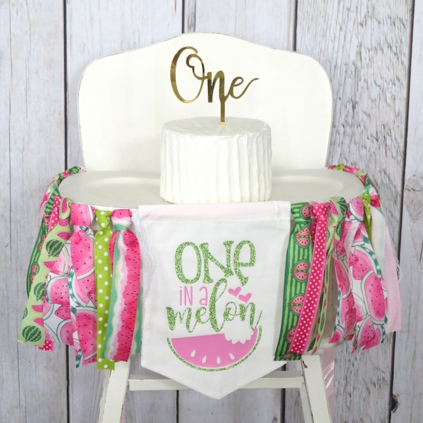 One in a Melon Birthday Banner for First Birthday Party - high chair skirt, watermelon party decor, watermelon 1st birthday girl ribbon