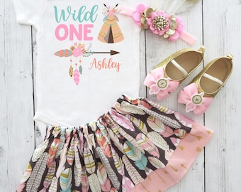 Tribal Wild One First Birthday Outfit with Feather Skirt and Headband - wild one birthday girl, teepee dreamcatcher arrow, personalized