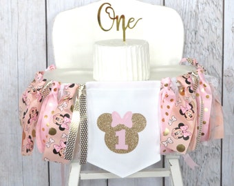 Minnie Mouse First Birthday High Chair Banner in pink and gold - 1st birthday banner, pink and gold minnie birthday, 1st bday banner girl
