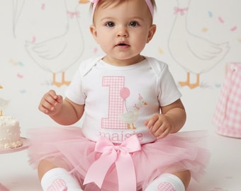 1 Silly Goose första födelsedagsklänning med tutu - vintage rosa ginghamgås, första födelsedagsoutfit flicka, ettårig baby födelsedagstutu
