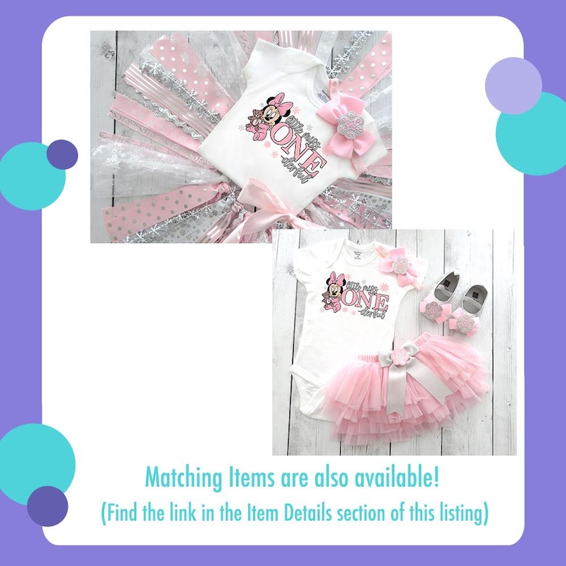 May include: A white baby bodysuit with a Minnie Mouse graphic and the word "ONE" in pink. The outfit includes a pink tutu, a matching bow, and baby shoes. The set is designed for a first birthday celebration.