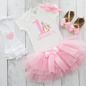 Pink Bunny First Birthday Dress with Tutu -vintage traditional bunny, 1st birthday outfit girl, one year old bday tutu, peter rabbit, flopsy