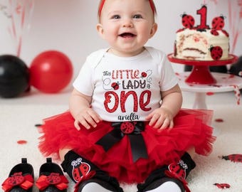 Ladybug First Birthday Outfit with Tutu - girl 1st birthday outfit, red black, ladybug headband, ladybug 1st birthday, 1st bday outfit