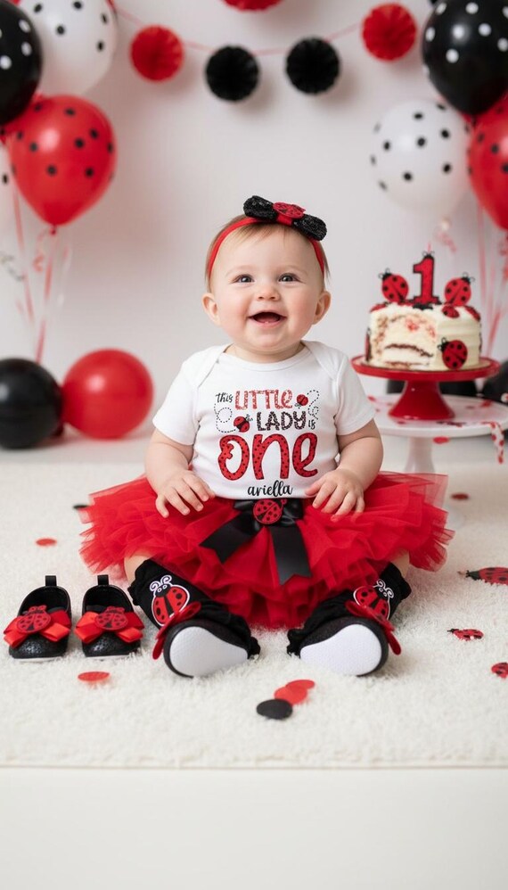 Ladybug First Birthday Outfit With Tutu - Girl 1st Birthday Outfit, Red Black, Ladybug Headband, Ladybug 1st Birthday, 1st Bday Outfit