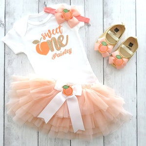 Peaches First Birthday Outfit for baby girl with peach tutu bloomers -one sweet peach, peaches first birthday party girl, one year old dress