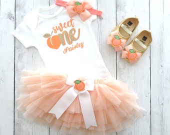 Peaches First Birthday Outfit for baby girl with peach tutu bloomers -one sweet peach, peaches first birthday party girl, one year old dress