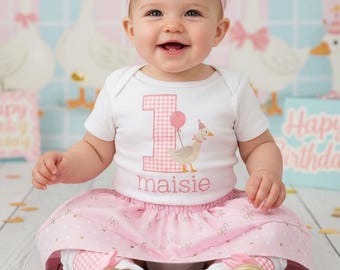 Silly Goose on the Loose första födelsedagsklänning med rosa och guld kjol - vintage gingham, 1-års födelsedagsoutfit flicka, ettåring födelsedag
