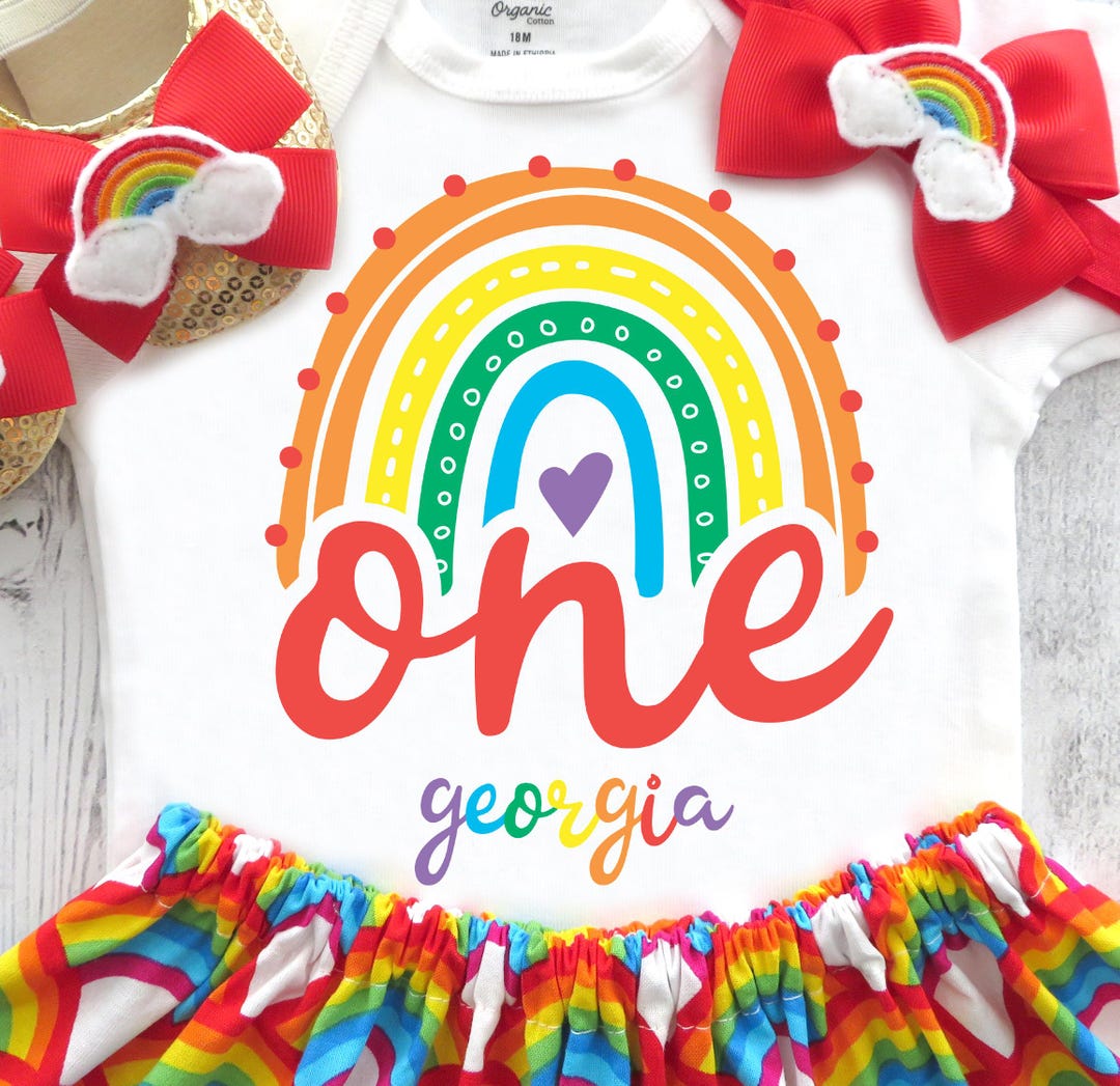 Rainbow First Birthday Outfit With Red Rainbow Skirt And Shoes One rainbow-first-birthday-outfit-with-red-rainbow-skirt-and-shoes-one