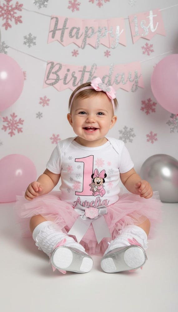 Snowflake Minnie Mouse 1st Birthday Outfit - Winter Onederland, Pink  Silver, Baby Girl First Birthday Dress, Winter Minnie Girl