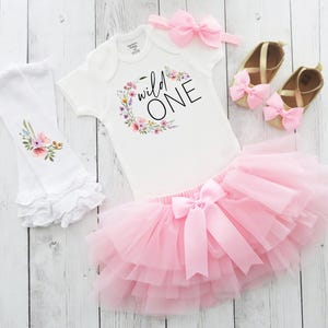 Wild One Wildflower Birthday Outfit with tutu and matching shoes - first birthday outfit girl, pink floral, one year old,