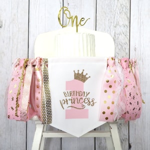 Banner prinses kinderstoel voor eerste verjaardag - roze en goud 1e verjaardag meisje, prinses 1e verjaardag, verjaardagsdecor, prinses wimpel