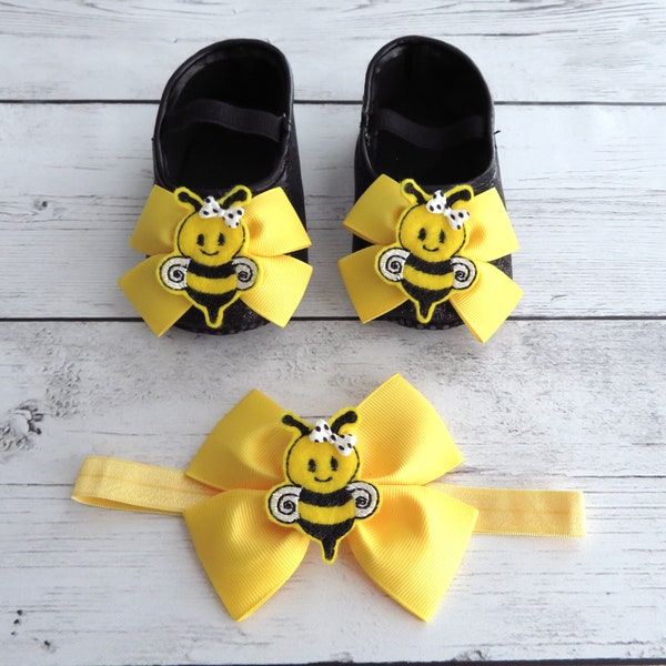 Bee First Birthday Shoes & Headband Set in black and yellow - my 1st bee-day, bumble bee first bday, bee birthday shoes, bee headband