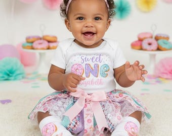 Sweet One Donut First Birthday Outfit with Fabric Tutu, Headband and Shoes - donut 1st bday outfit girl, donut grow up birthday girl