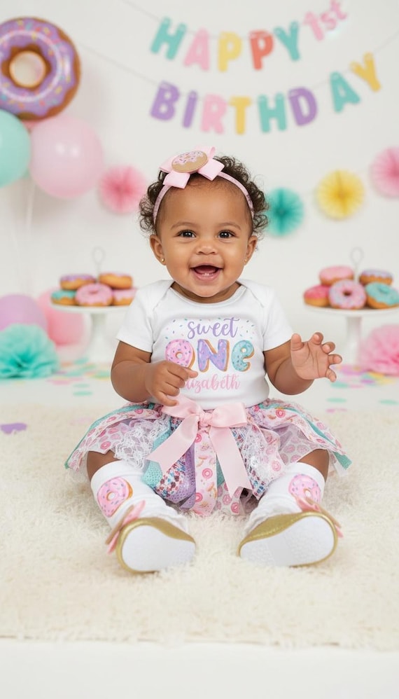 Sweet One Donut First Birthday Outfit With Fabric Tutu, Headband and Shoes - Donut 1st Bday Outfit Girl, Donut Grow up Birthday Girl
