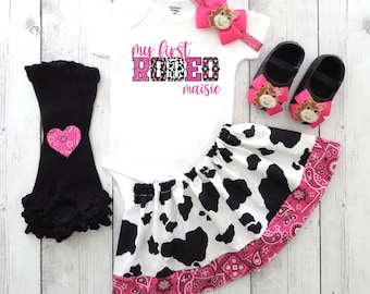 My First Rodeo First Birthday Outfit in Hot Pink Bandana and Cow Print- 1st birthday outfit, how the west was one, pink western cowgirl