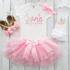 One Silly Goose First Birthday Dress with Tutu - vintage floral goose, first birthday outfit girl, one year old baby birthday tutu