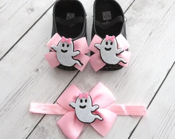 Ghost First Birthday Shoes and headband in light pink and black - spooky one birthday, halloween birthday party, toddler shoes gold