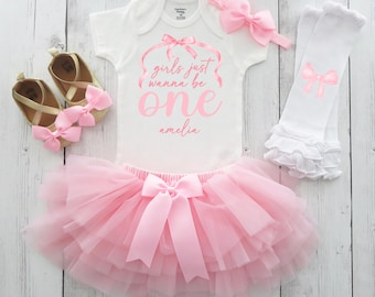 Girls Just Wanna Be One Birthday Dress with Tutu - pink coquette bow, first birthday outfit girl, one year old baby birthday tutu, pink bow