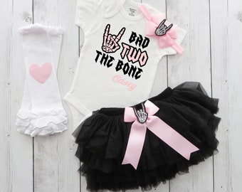 Bad TWO the Bone Birthday Outfit in light pink and black - rock music themed birthday, 2nd birthday girl, pink black, tattoo, born two rock