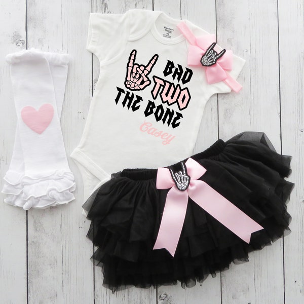 Bad TWO the Bone Birthday Outfit in light pink and black - rock music themed birthday, 2nd birthday girl, pink black, tattoo, born two rock