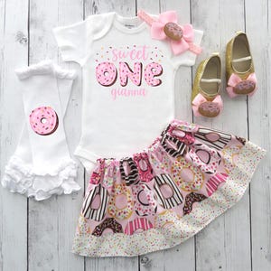 Sweet One Donut First Birthday Outfit in Pink for Baby Girl - donut grow up, donut 1st birthday dress, personalized add name, pink donuts
